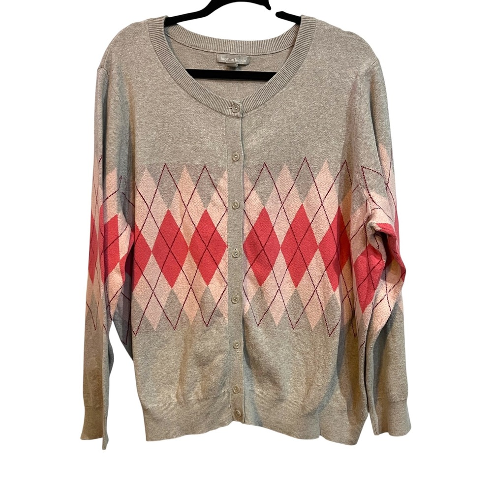 Woman Within Cardigan Sweater Women Grey Pink Argyle Button Front - 26/28 2X